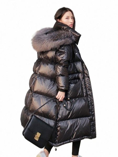 2023 Lg Down Jacket Mulheres Inverno Preto Solto Real Racco Fur Com Capuz Fi À Prova D 'Água Feminino Duck Down Puffer Coat v3Gf #