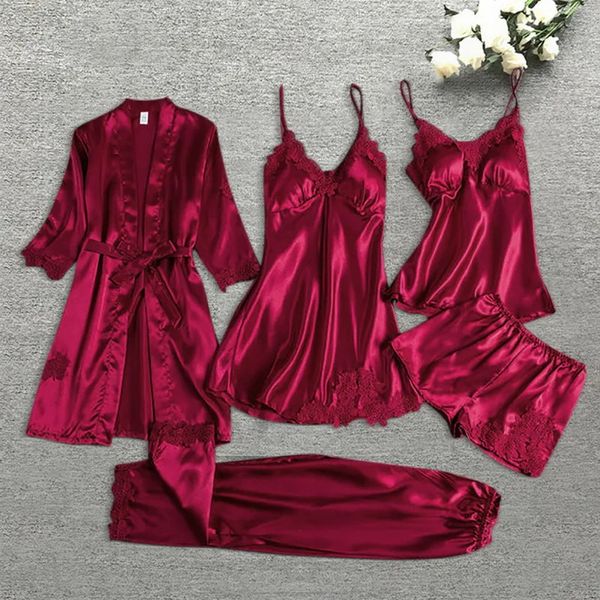 Mulheres cetim seda pijamas conjunto 5 peças robe nightdress shorts calças sleepwear feminino sexy casamento nightwear casa wear nighty 240326