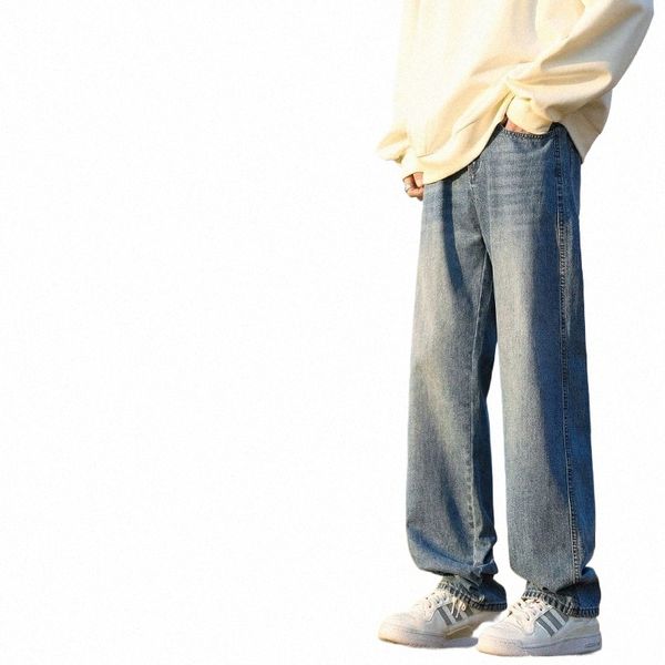Bahar Yeni Erkekler Fi Bol kot pantolon Klasik All-Match Düz Renk Düz-bacak Denim Geniş Bacaklı Pantolon Erkek Buz Mavisi INS J3DT#