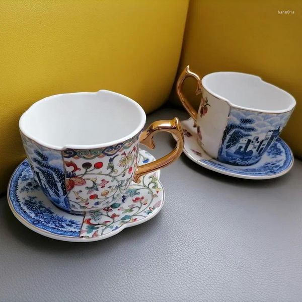 Kaffeekannen im britischen Stil, Luxus-Tasse und Untertasse im Set mit goldenen Händel-Keramik-Cappuccino-Nachmittagsteetassen aus hellem Porzellan