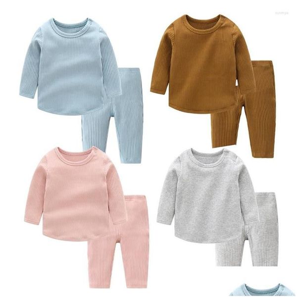 Conjuntos de roupas Bebê Meninas Roupas Macias Algodão Roupa Interior Sólida Mangas Compridas Meninos Infantis Sleep Wear 6-24Month Drop Delivery Kids Maternit Dhwcm