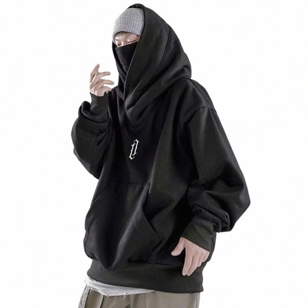 Hip Hop Mans Moletons com Capuz Outono e Primavera Sólida Lg Manga Ninjas Hoodie Bolso Alto Pescoço Solto Moletom Com Capuz f66R #