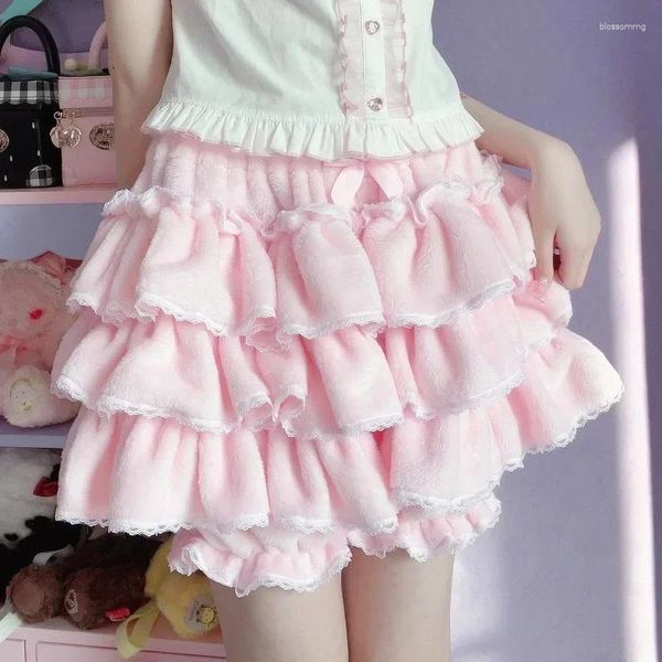 Shorts femininos outono inverno jk pelúcia japonês babados lanterna lolita cosplay custume calças de abóbora doce rosa branco preto