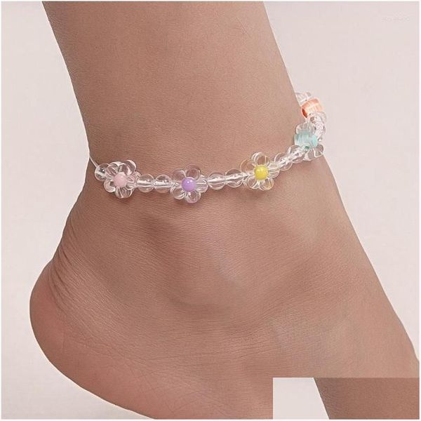 Fußkettchen Transprant Blumenanhänger für Frauen Kreative Sommermode Urlaub Schmuck Einstellbare Schnürung Perlen Bein Armband Drop Deliv Otti9