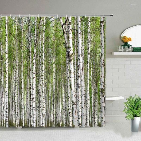 Cortinas de chuveiro árvore de bétula floresta cenário cortina flor cachoeira ponte de madeira paisagem tecido à prova dwaterproof água banheiro com ganchos