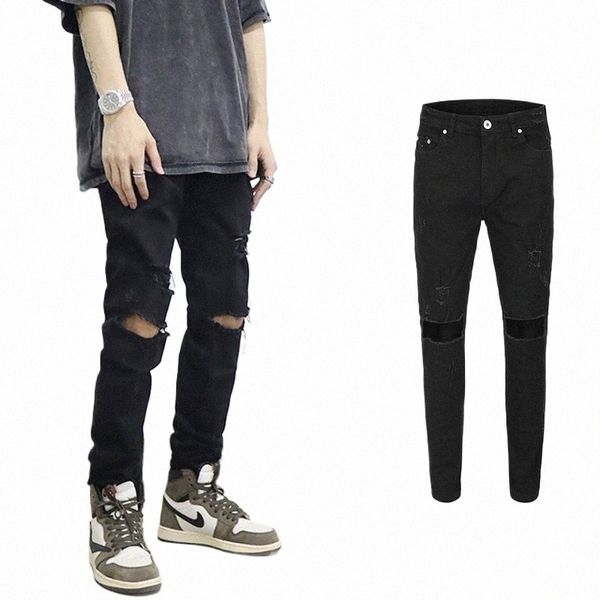 High Street Wing Slim Fit stretto elastico Black Hole Fi Streetwear uomo estate donna jeans strappati pantaloni in denim E2k7 #