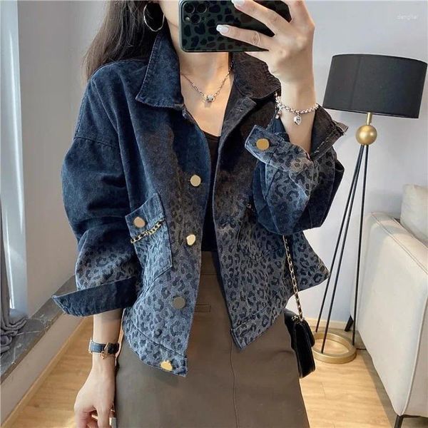 Jaquetas femininas vintage preto leopardo curto denim jaqueta para mulheres 2024 spirng e outono manga longa lapela colarinho solto casaco casual