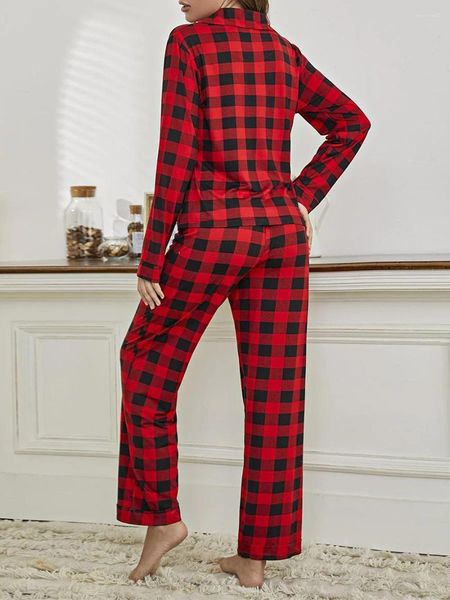 Home Abbigliamento Donna Pigiama scozzese rosso Set da salotto Colletto rovesciato Camicie a maniche lunghe Top e pantaloni Completi loungewear in 2 pezzi