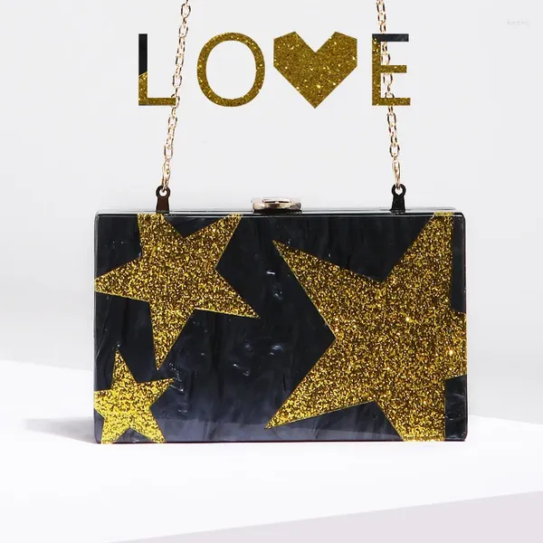 Sacos de noite Preto Glitter Estrela Acrílico Bolsa de Ombro Superfície Dura Mulheres Caixa Feminina Bolsa Bolsa Retângulo Bolsa Diária Embreagens