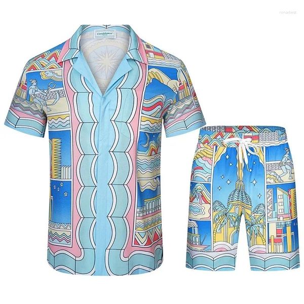Camisas casuais masculinas Seaside City Imprimir Homens Harajuku Casa Verão Terno Estilo Alta Qualidade Respirável Moda Bolso