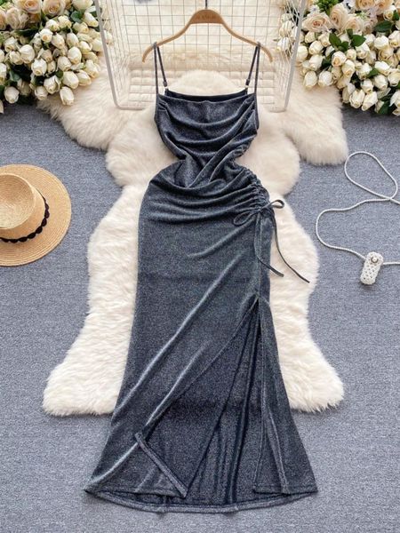 Lässige Kleider Foamlina Elegante Mode Spaghettiträger Langes Kleid für Frauen Sommer Solide Ärmellos Rückenfrei Kordelzug Schlitz Party Maxi