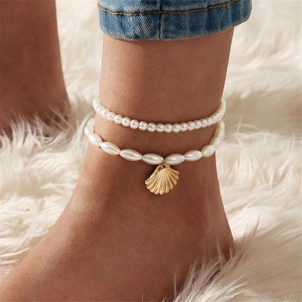 Cavigliere Moda Cavigliera di perle imitazione per le donne Bracciale alla caviglia con ciondoli di pectinidi color oro sul piede della gamba Gioielli da spiaggia estivi per ragazze