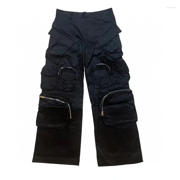 Pantaloni da uomo 23SS Nylon di alta qualità Multi tasca con cerniera Cargo Uomo Donna Pantaloni a gamba dritta pressati adesivi