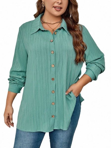 Gibsie plus size casual sólido butt up camisa feminina primavera outono lg manga colarinho trabalho escritório blusas soltas topos com fenda p188 #