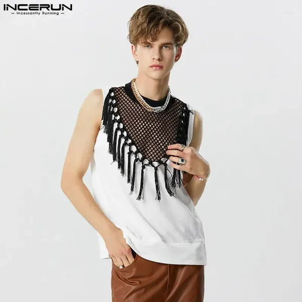 Männer Tank Tops Männer Mesh Patchwork Quaste Oansatz Ärmellose Streetwear Männliche Westen 2024 Durchsichtig Mode Kleidung INCERUN S-5XL