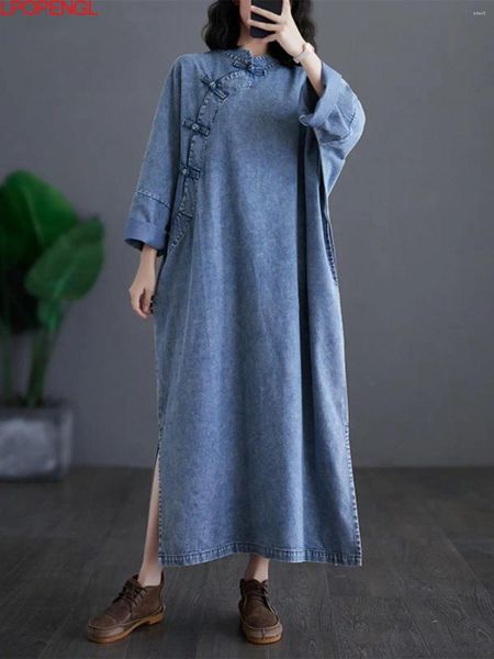 Vestidos casuais moda estilo chinês diagonal breasted botão denim vestido 2024 mulher primavera e outono solto elegante tornozelo-comprimento