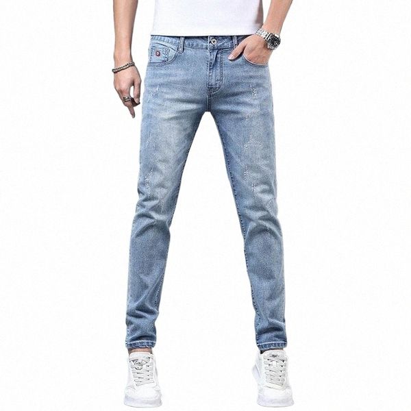 Мужские повседневные джинсовые джинсы с рваными облегающими эластичными эластичными стильными голубыми роскошными дизайнерскими мужскими классическими джинсами-бойфрендами Wed i7HX #