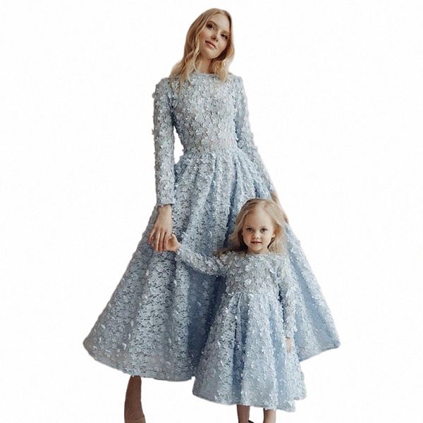 Небесно-голубые платья для выпускного вечера для матери и дочери Вечерние платья Мусульманские Lg рукава Аппликации Формальная вечеринка Vestido Fiesta 2022 i4PG #