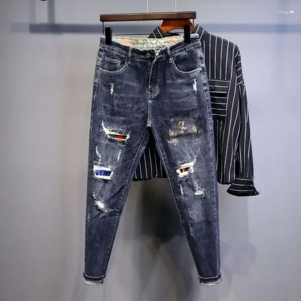 Jeans masculinos rasgados homem cowboy calças com strass calças rasgadas buracos gráficos imprimir quebrado original y2k streetwear xs