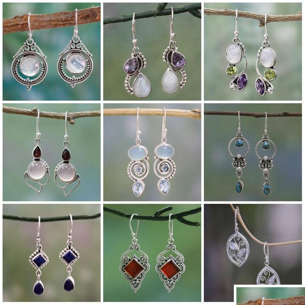 Dangle Chandelier 12Styles Vintage Sier Brincos Rainbow Moonstone Brinco Ametista Peridot Pérola Para Mulheres Casamento Nupcial Jóias Dhfd8