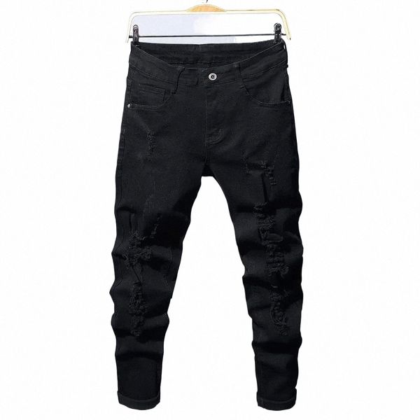 Homens Slim Biker Rasgado LG Denim Calças Skinny Jeans Bolso Jovem Jogging Calças Destruídas Stretchy Calças Pretas b0OB #