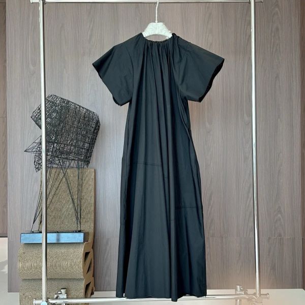 Vestidos casuais básicos mulheres vestido tripulação pescoço preto plissado colar grande hem solto encaixe midi entrega vestuário vestuário otaij