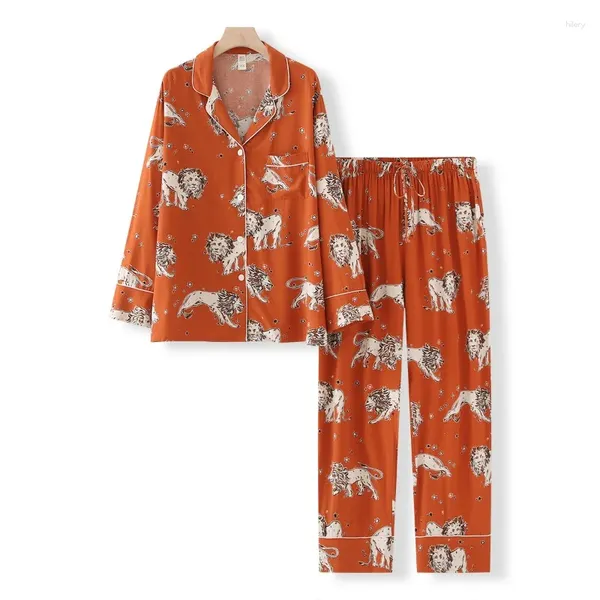 Startseite Kleidung Damen-Pyjama-Set mit kurzen Ärmeln und Shorts, bequemer Loungewear, langer, lockerer Anzug, orangefarbener Löwendruck, Nachtwäsche aus simulierter Seide