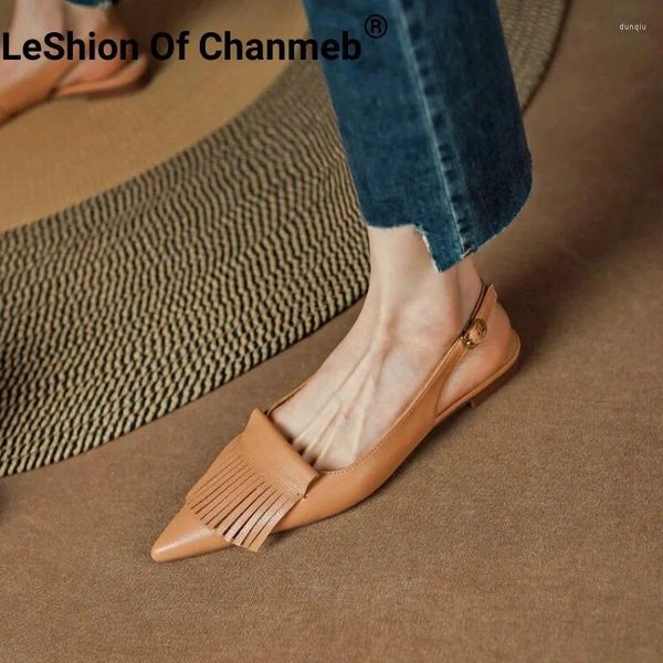 Sandálias Leshion de Chanmeb Mulheres Pele de Carneiro Couro Franjas Fechadas Toe Slingback Fivela Sapatos Borlas Apontadas Flats Sandália 40