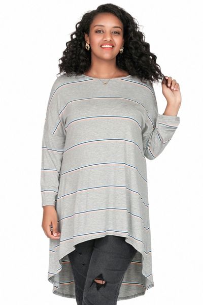 Plus Size Elegante Primavera Autunno Manica Lg Hi Low Stripe Tunica Top Donna Grigio Casual Lg Flare Swing Camicetta Large Size 8XL C6LE #