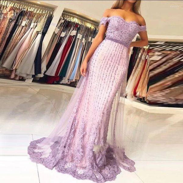 Abiti da festa Designer di marca Prom Abiti formali lilla con perline Gala Jurken Balo Elbiseleri Abito a sirena con spalle scoperte