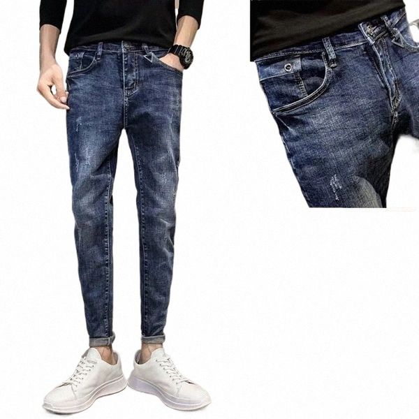 Neue Frühling und Herbst Harajuku Ripped Cowboy Koreanische Fi Stretch Luxus Jeans Slim Arbeitskleidung Lässige Hip-Hop Lg Hosen Mann W2QA #