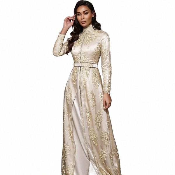 Шампанское Марокканский кафтан Вечерние платья 2024 A-Line Lg с рукавами и кружевом Special Ocn Dres Дубай Формальный выпускной Dr Plus Размер y37e #