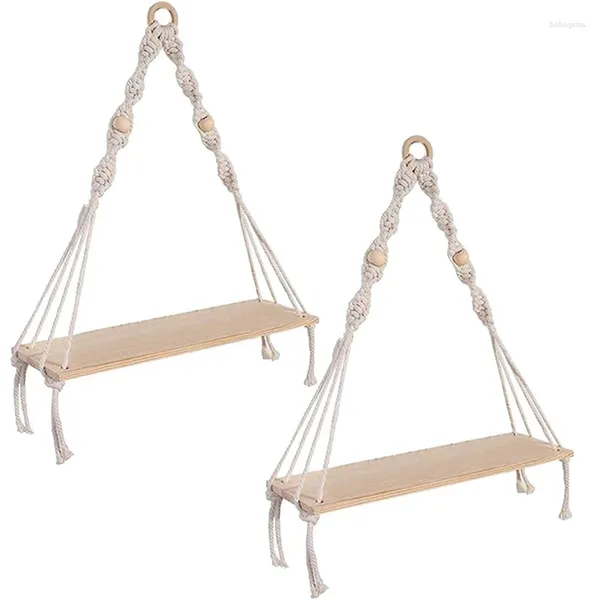 Placas decorativas 2 peças prateleira de suspensão de parede prateleiras boho com madeira artesanal macrame para plantas e decoração