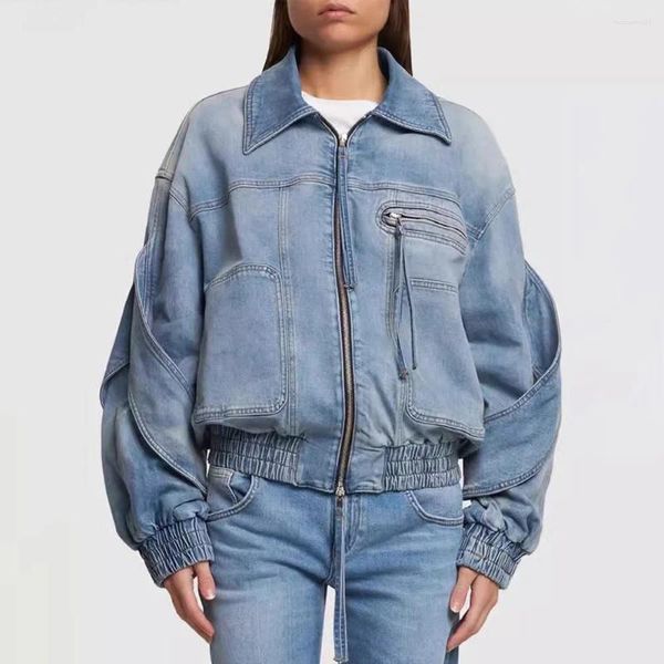 Damenjacken Blaue lockere Jeansjacke Frühling 24 gewaschen und alt leicht warm mit Baumwolle