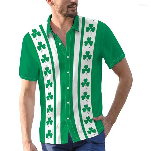 Camisas casuais masculinas Dia de São Patrício com tema de trevo padrão bloco de cor manga curta para 2024 verão resort férias festa roupas masculinas