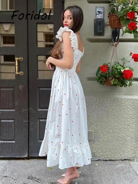 Vestidos casuais vintage longo vestido branco mulheres verão elegante sem mangas midi a linha praia boho sundress 2024 estilo francês frutas impressão