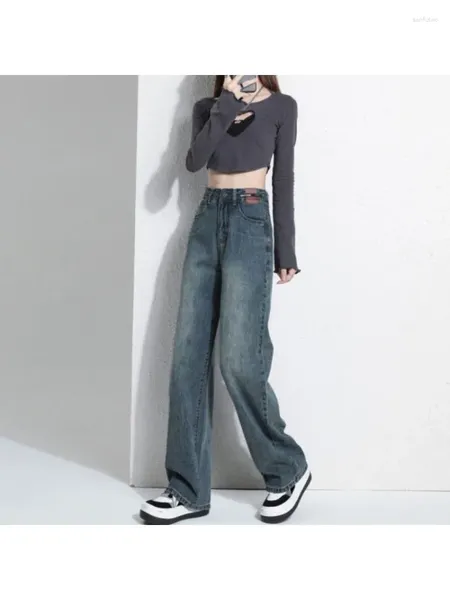 Jeans da donna Autunno a vita alta Sciolti nostalgici Retro Blu High Street Pantaloni lunghi a gamba larga dritti che spazzano il pavimento