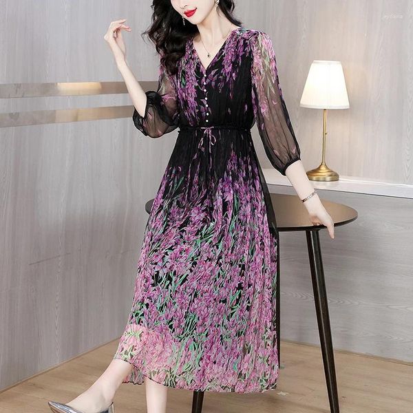 Freizeitkleider Coigarsam Damen Sommerkleid 2024 Mode Dreiviertelärmel Seide Lose Chiffon Print Raffen V-Ausschnitt Schwarz Blume