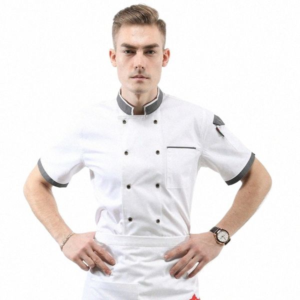 Homens brancos Chef Jacket restaurante Bakery Food Service Manga Curta Respirável Double Breasted chef uniforme Casaco de cozinha Logotipo grátis i9Jt #