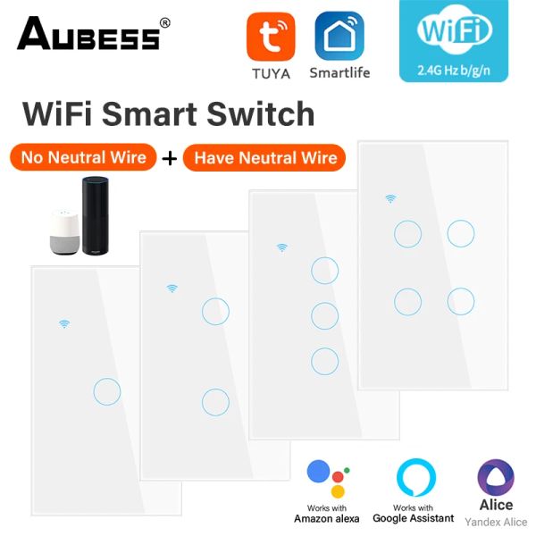 Controlla WiFi Smart Light Touch Switch Smart Life Pannello in vetro Interruttore a parete UE 2 vie Nessun cavo neutro Smart Home Alexa Google Home