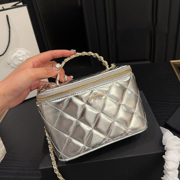 Kadın kuzu derisi iki tonlu inci üst sap totes bavul makyaj kutusu çantaları ayna kartı tutucu rhinestone dönüş ghw crossbody omuz kozmetik kılıfı 17x12cm