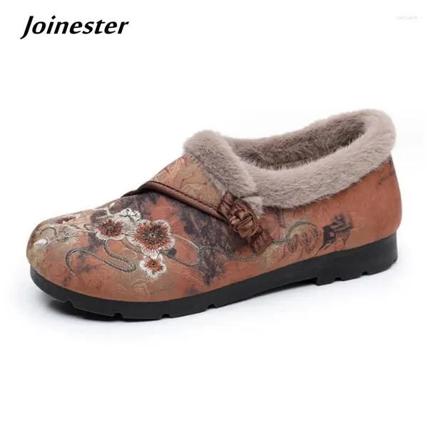 Freizeitschuhe für Damen, flacher Winterschuh mit Pelzbesatz, traditionelle Knopf-Stickerei, Vintage-Slipper, warmer Komfort, für Mütter