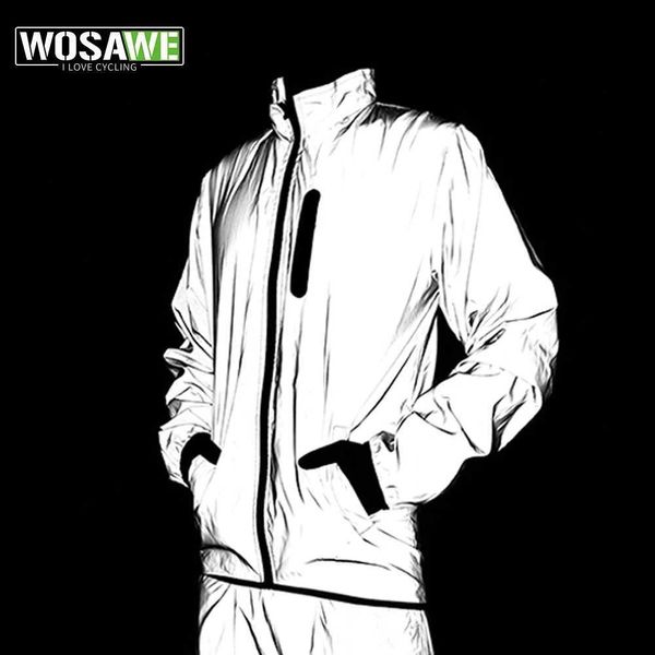 Jaquetas de ciclismo Wosawe homens jaqueta reflexiva completa noite correndo calças esportivas à prova de vento conjunto jaqueta impermeável blusão streetwear casaco24329
