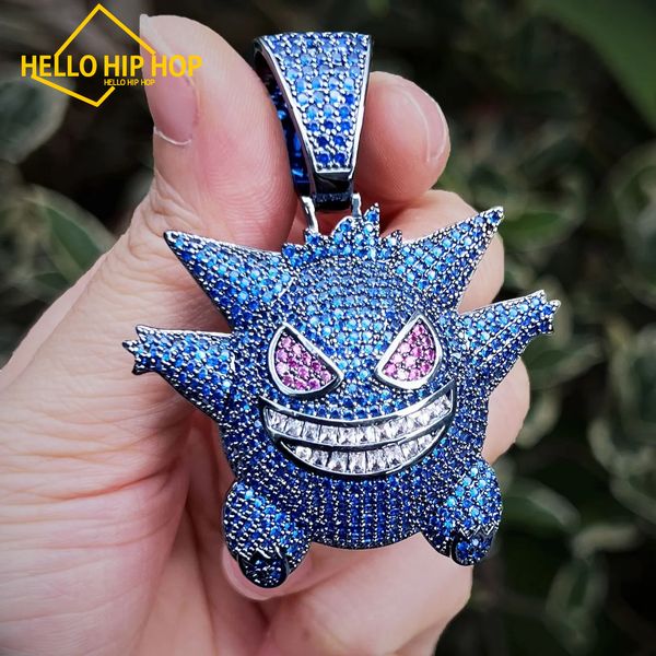 Olá hip-hop engraçado fantasma dos desenhos animados pingente para homens hip hop colar corrente gelado azul roxo micro pave zircon rock rapper jóias