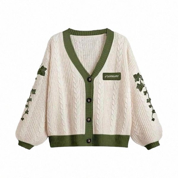 Evermore Cardigan Taylor Versi Green Vine bestickter Po-Down-Zopfmusterpullover Damen Herbst Winter Vintage Outfit F7Yt #