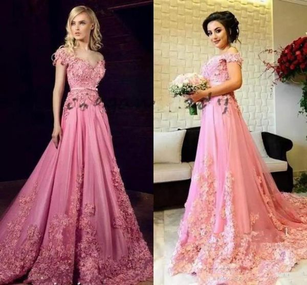 Novo Tony Chaaya Modest Vestidos de Noite 3D Floral Applique Alças Dubai Árabe Kaftan Comprimento Total Princesa Rosa Custom Made P6154061