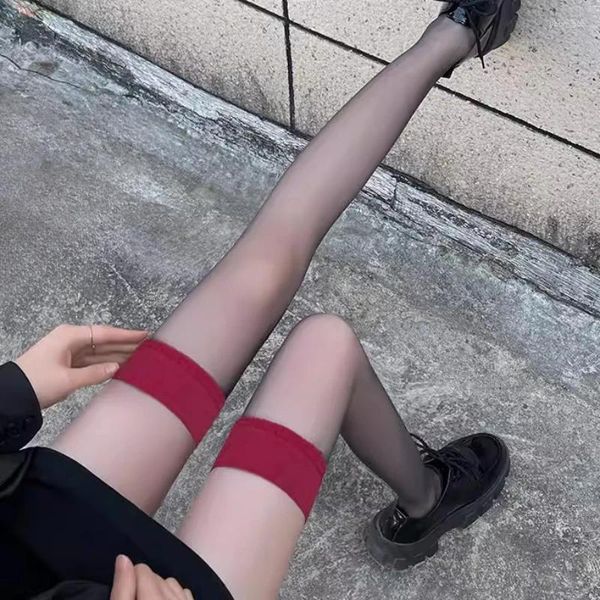Meias femininas borda vermelha meias coxa alta transparente sexy preto meias de seda parecem magro ultra-fino perna para
