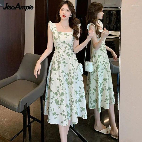 Abiti casual da donna Summer Chic Floral Tank Abito longuette 2024 Lady Graceful Chiffon Ruffles Colletto quadrato Green Beach Travel Robe