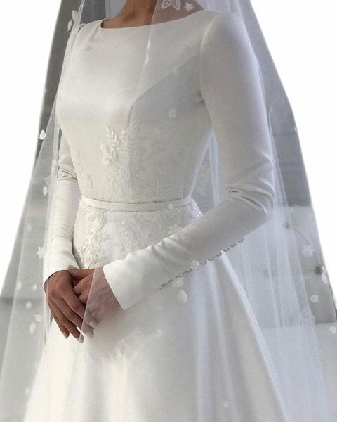 Vestido de Novia 2024 LG Kollu Müslüman Gelin Gelin Peyze ile Alkollar Dantel Saten A-Line Basit Gelin Dr Y3DG#