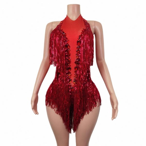 scagliare Paillettes rosse Frange Rhinestes Body trasparente Donna Sera Compleanno Celebrare Costume Ballerino Body Shuye J8xk #
